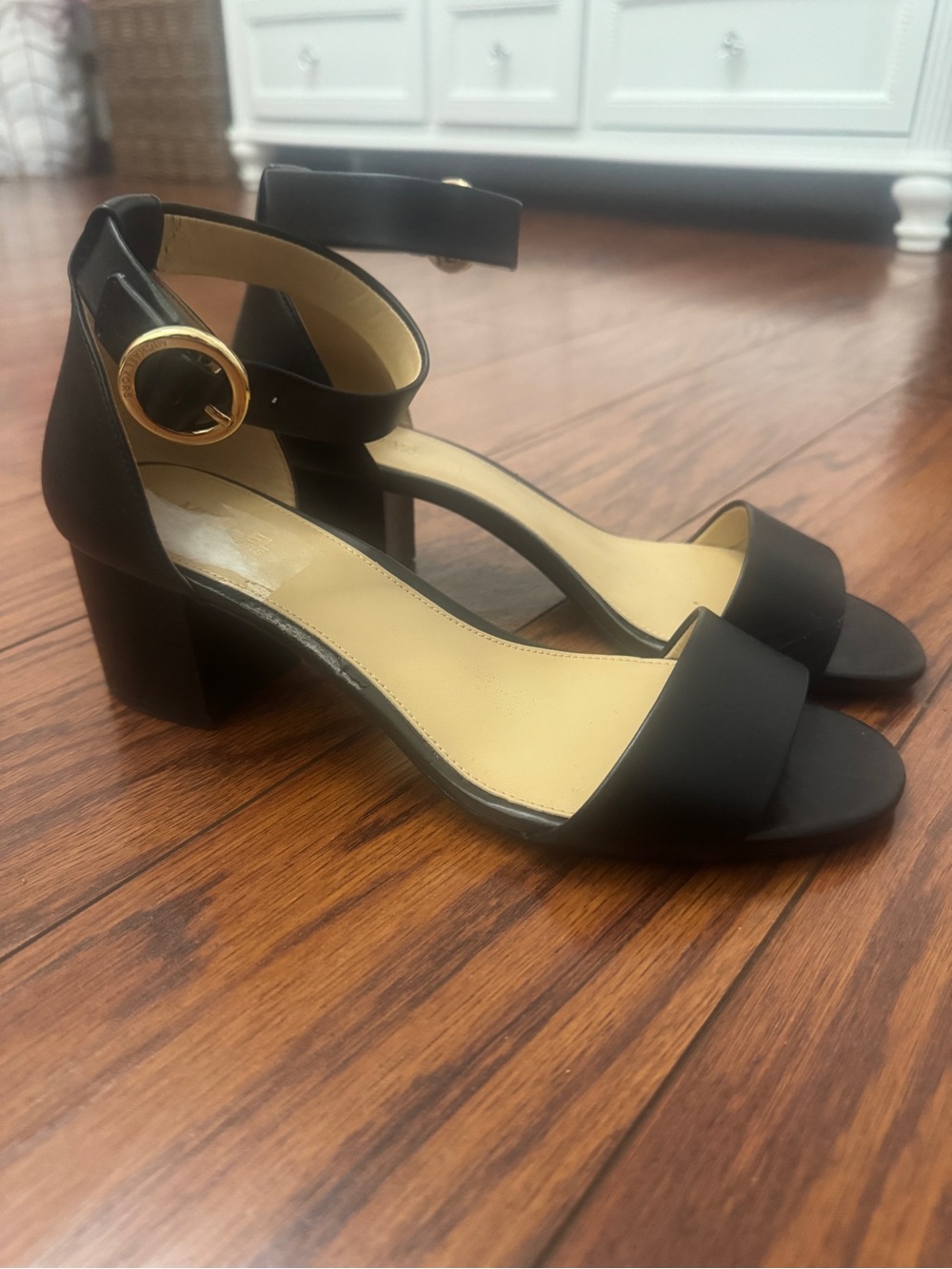 Michael Michael Kors Black Block Heel Sandals with Gold Buckle